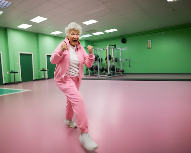 Active Aging Elderly Woman in at Gym