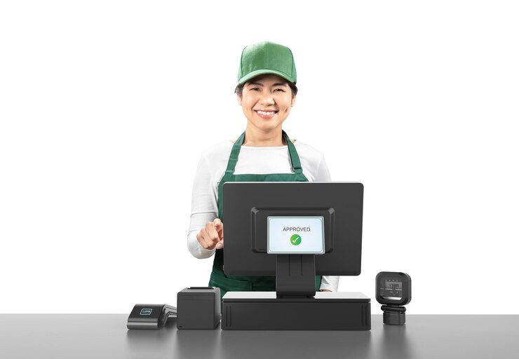 Photo active asian seller wear green uniform smiling with point of sale terminal or cashier desk