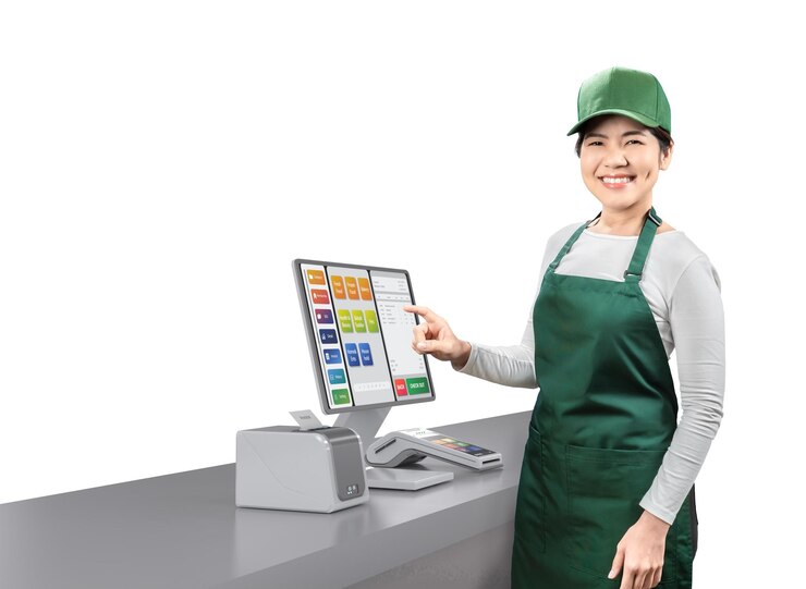 Photo active asian seller wear green uniform smiling with point of sale terminal or cashier desk