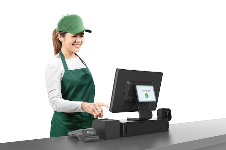 Photo active asian seller wear green uniform smiling with point of sale terminal or cashier desk