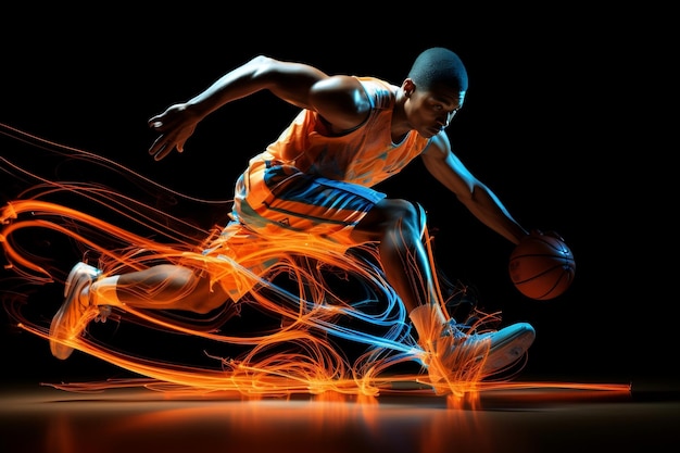 Active basketball player in motion with the ball on a black background Generative Ai