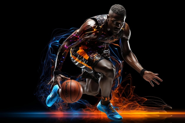 Active basketball player in motion with the ball on a black background Generative Ai