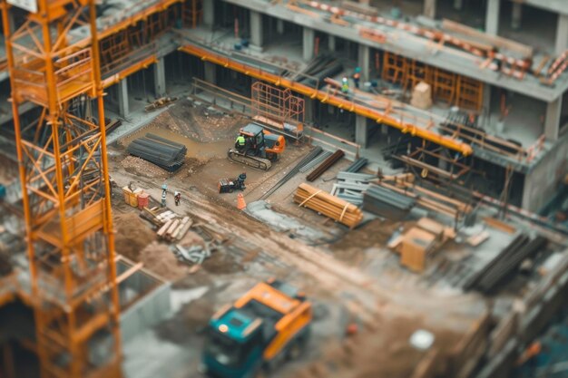 Active construction site with workers machines and scaffolding progressing