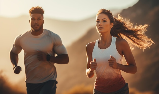 Active couple jogging outdoor in the morning Running in the country street mountain view