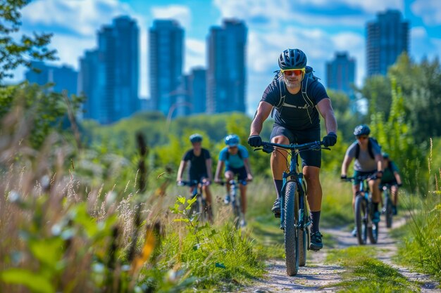 Active Cyclists Enjoying a Scenic Bike Ride on a Sunny Day in Urban Park Setting with Cityscape