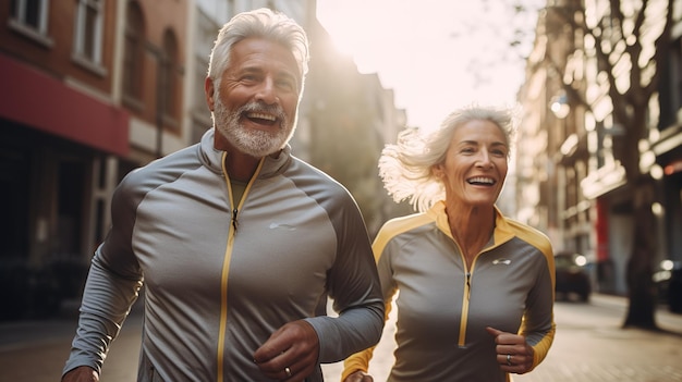 Photo active elderly couple on a sports run smiling