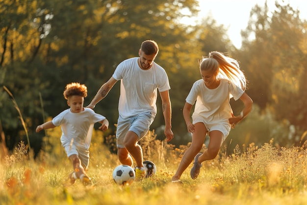 Foto la famiglia attiva gioca a calcio nel tempo libero