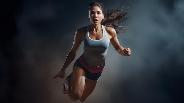 Active female athlete running mid air in a vigorous training session