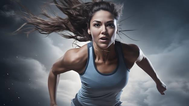 Active female athlete running mid air in a vigorous training session