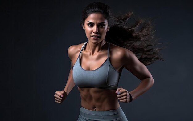 Corridore femminile attiva in reggiseno sportivo durante un allenamento intenso immagine in luce di studio