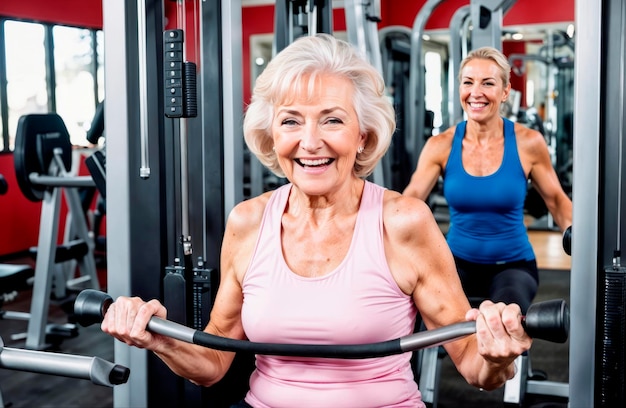 Active happy elderly woman doing sports in the gym