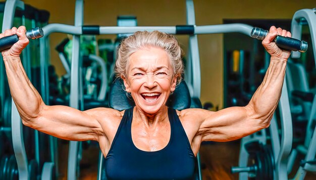 Active happy elderly woman doing sports in the gym