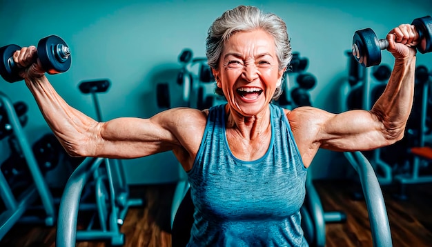 Active happy elderly woman doing sports in the gym