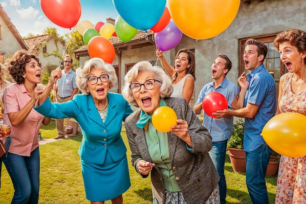 친구 들 에 둘러싸인 활기찬 행복 한 노인 여자 가 풍선 으로 재미 있는 게임 에 참여 하고 있다