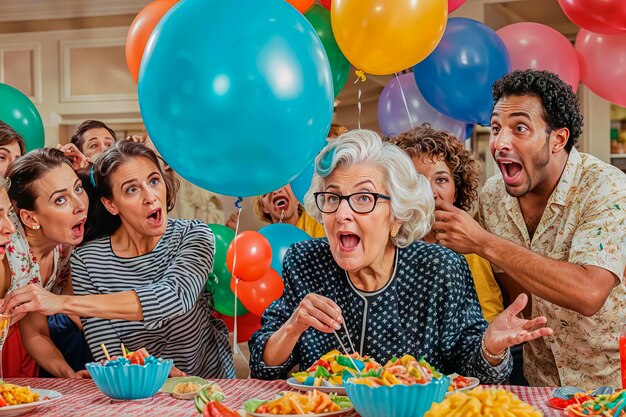 An active happy elderly woman surrounded by friends is participating in a fun game with balloons