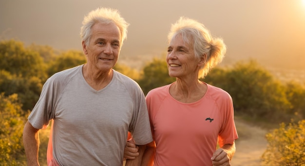 Photo active happy old age happy man and woman jogging together outdoors happy mature couple jogging in park active happy old age couple of adults on morning run generative ai