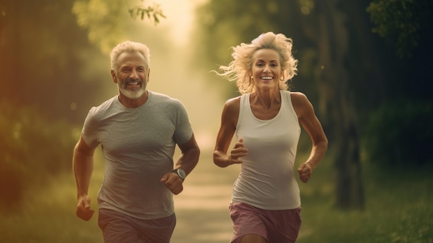 Active and healthy aged couple running in natural environment on summer morning