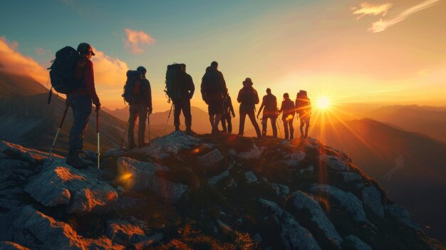 An active lifestyle group of seniors climbing rocks outdoors in nature with an instructor