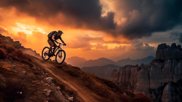 Active male cyclist riding bike on a mountain generative ai