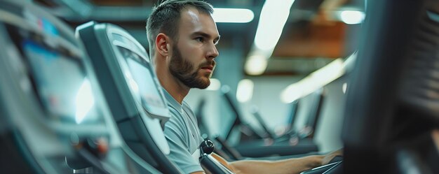 Active man working out on a treadmill at a fitness center Concept Fitness Training Treadmill Workout Active Lifestyle Gym Session Cardio Exercise