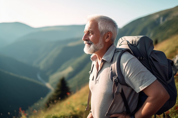 Active Mature man walking or hiking outdoors AI generated