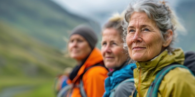 Active mature senior people hiking in the mountains banner