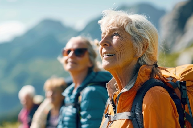 Active mature senior people hiking in the mountains