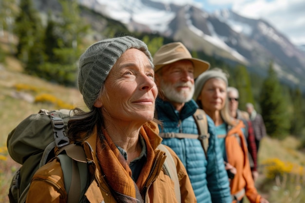 Active mature senior people hiking in the mountains