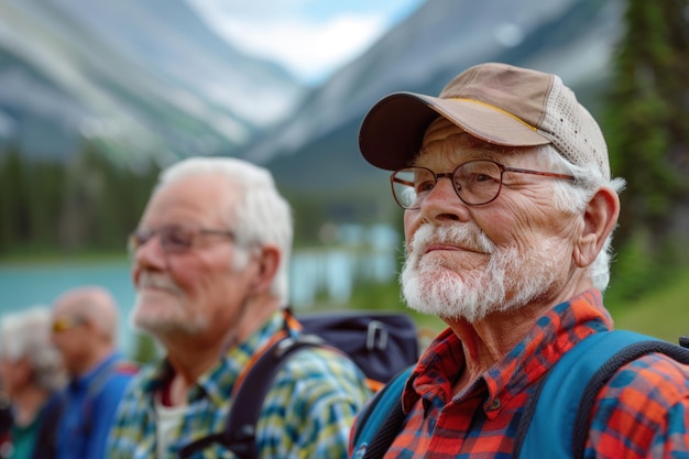 アクティブな成熟した高齢者が山をハイキングしている