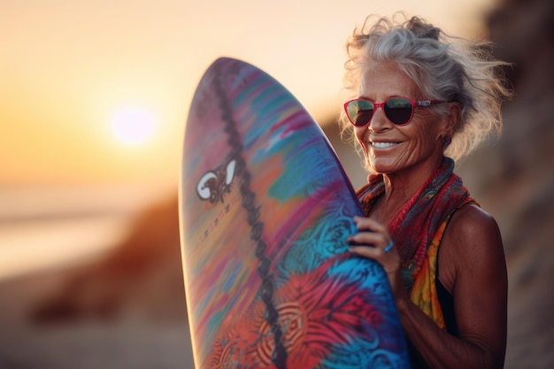 Active mature woman doing sports surfing ai generated