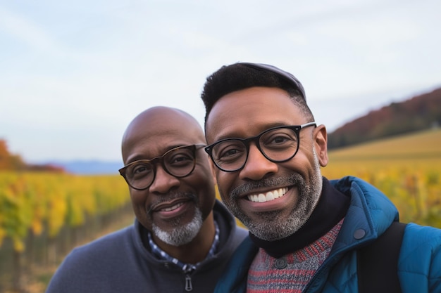 Active middle aged black gay couple walking wine trails fall season Vacation at wine regions