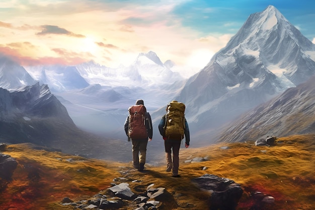 Active middle aged couple standing with mountains in background active lifestyle generative ai