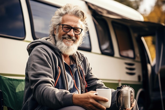 Active old happy hipster man standing near an RV camper van on vacation Mature travelers looking away enjoying the view holding drinking coffee waking