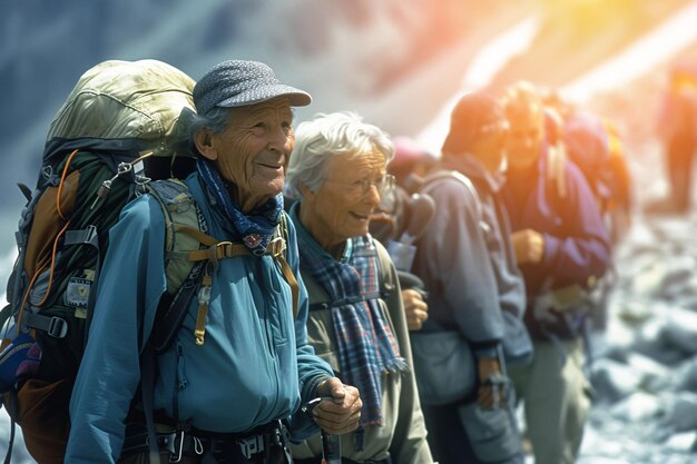 Photo active pensioners go mountaineering group of elderly people with backpacks are climbing mountain