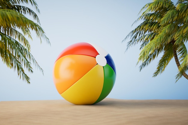 Активный отдых на пляже надувной мяч на песчаном пляже с пальмами 3D рендеринг