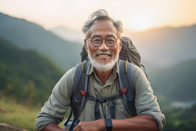 Active retired Asian man hiking in mountains summer or fall season outdoors