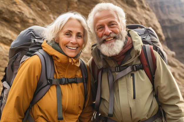 Active retired couple hiking in mountains fall season outdoors Generative AI