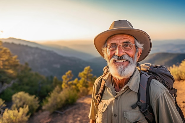 Active retired Latin American man hiking in mountains summer season outdoors Generative AI