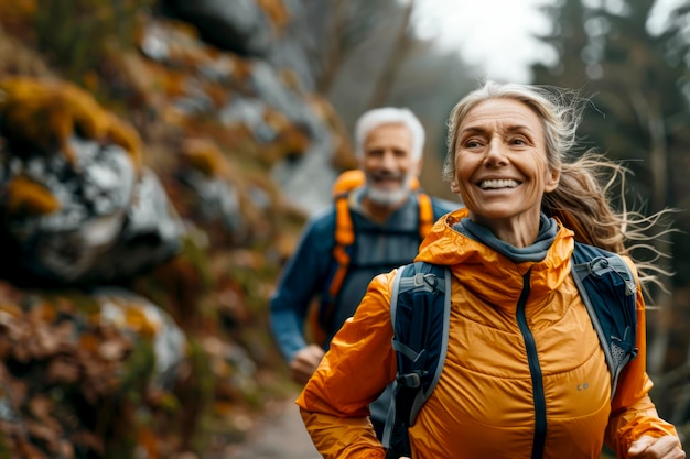 Active Senior Couple Embracing Healthy Lifestyle Smiling Together While Jogging Outdoors in Nature