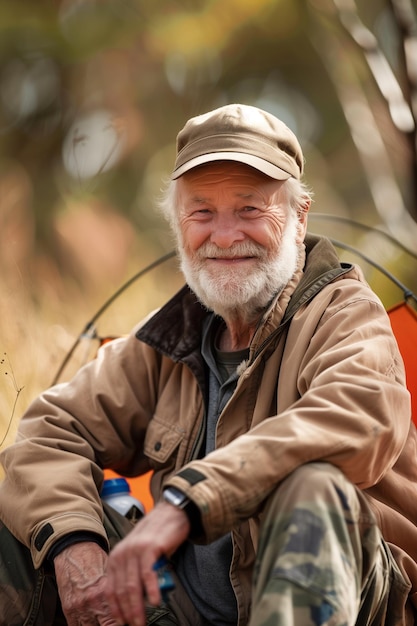 Active senior enjoying camping in stunning outdoor wilderness with copy space for text