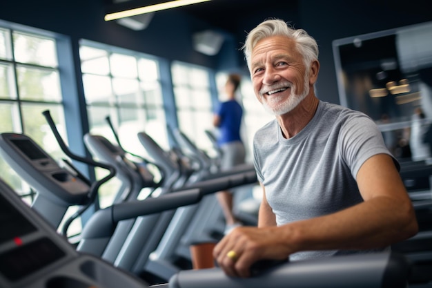 体育館 の 運動 に 喜び と 決意 を 体現 し て いる 活発 な 高齢 者