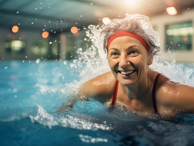 Foto donne anziane attive che si godono le lezioni di aqua fit in una piscina il concetto di vita attiva in età avanzata