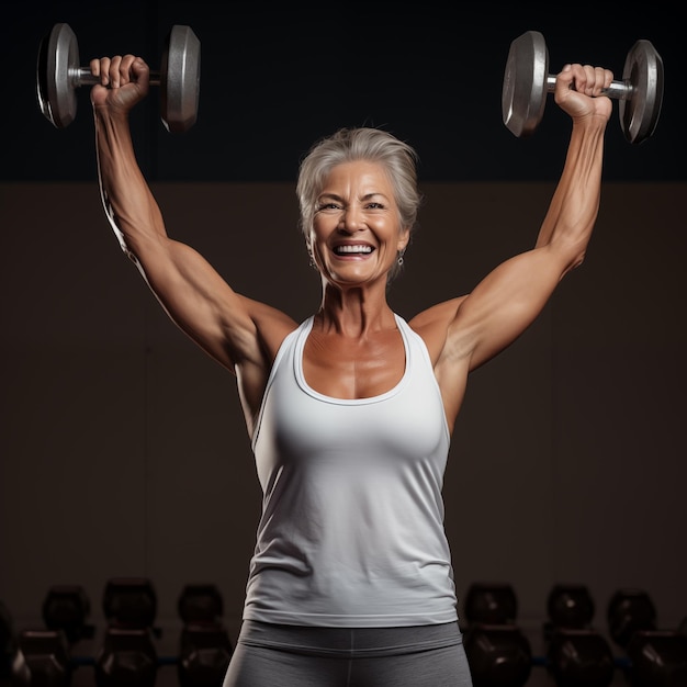 Active Senior Woman Exercising with Dumbbells in Fitness Gym