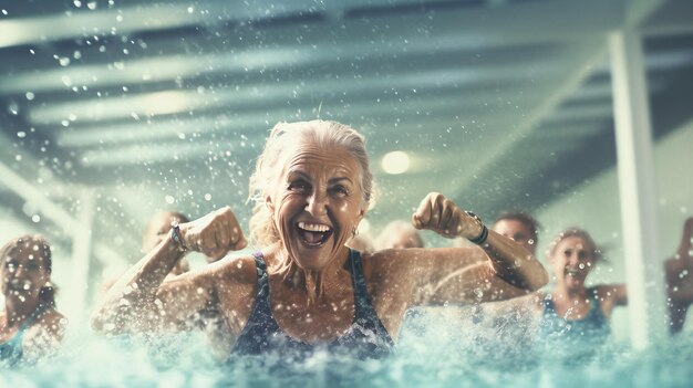 Active senior women in aqua fit class joy and camaraderie