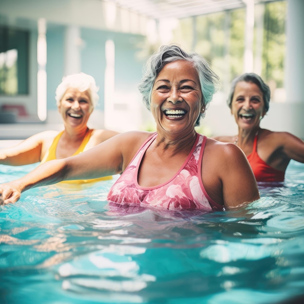 Active senior women enjoying aqua fit class in a pool