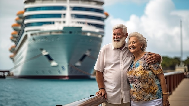 Active seniors taking at vacation with cruise ship on background ai generative Summer vacation