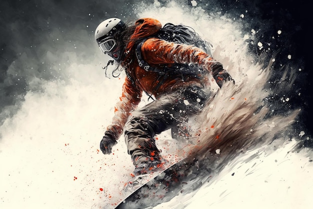 Active snowboarder on a board slides down a snowy mountain illustration