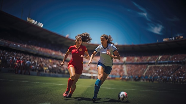 Active sportswomen playing soccer in stadium during match