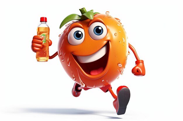 写真 白い背景に隔離されたジュースのボトルを握りながら走っているアクティブなトマトキャラクター