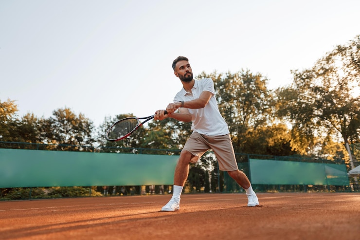 Photo active training young man is on the tennis court at sunny daytime